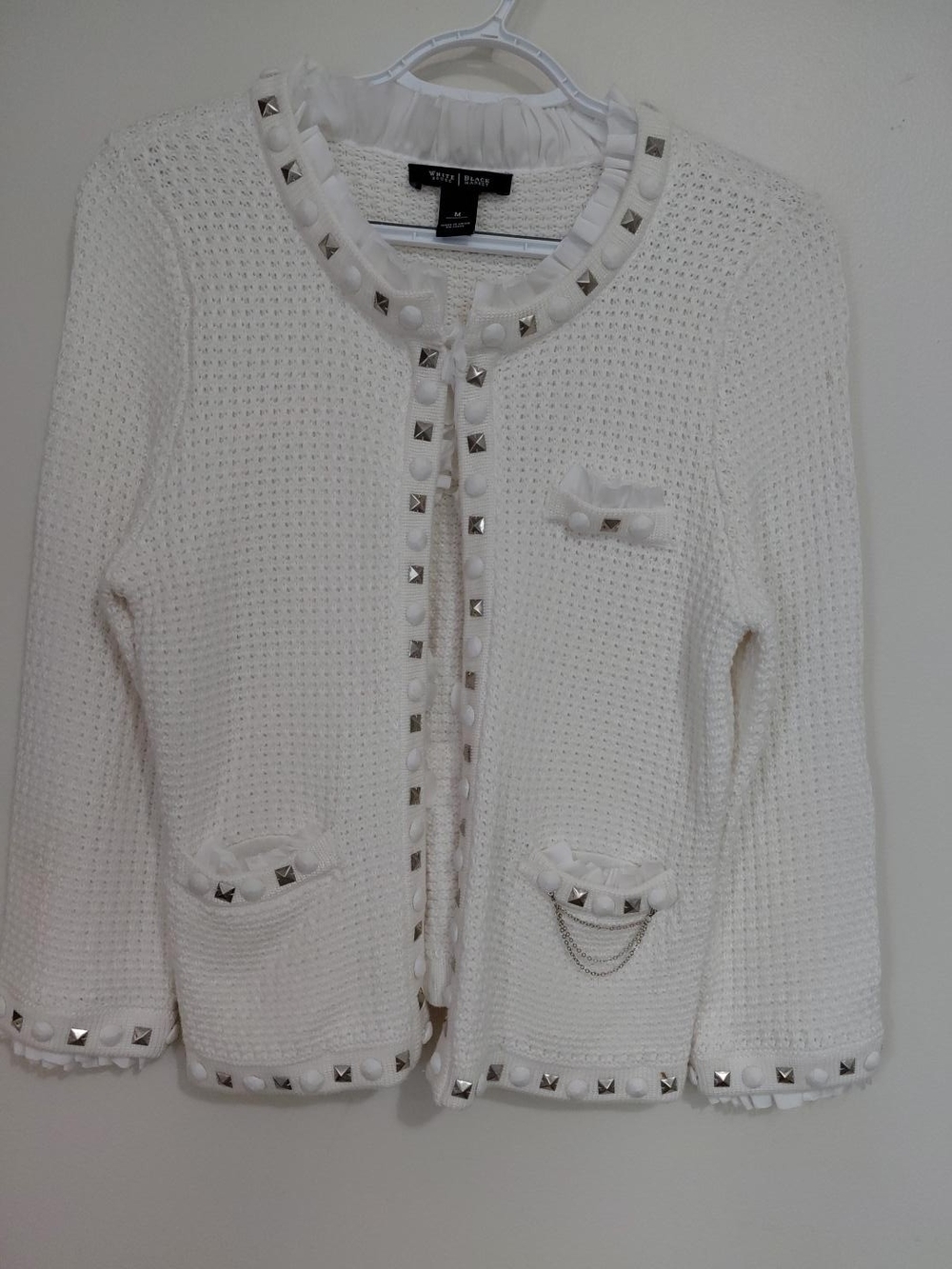 White House Black Market White Knit Cardigan Size Medium Studded Ruffle Trim